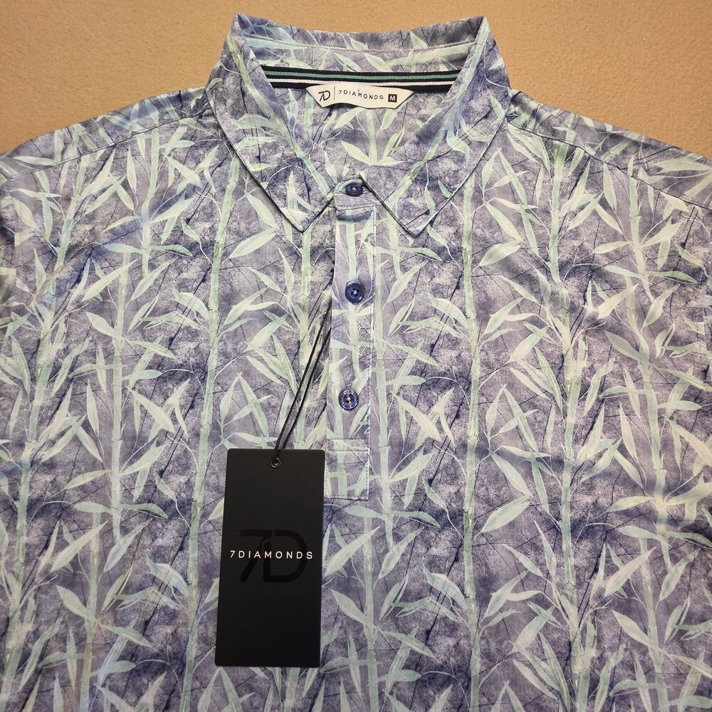 7 Diamonds Ceres Performance Golf Polo Blue Green Leaves Floral Sz Medium NWT